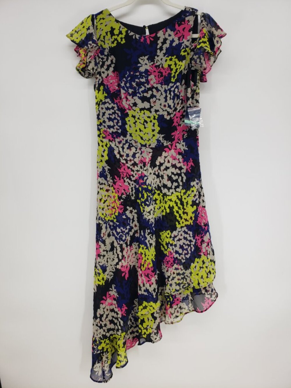 Just Taylor Floral High Low Hem Midi Dress Size 8 Cold Shoulder Flounce Sleeve